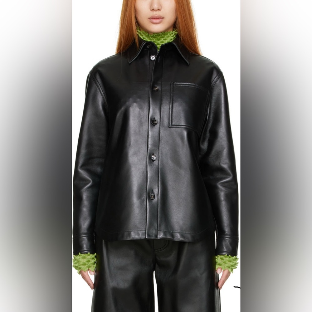 Black Faux Leather Lapel Shirt  — size M